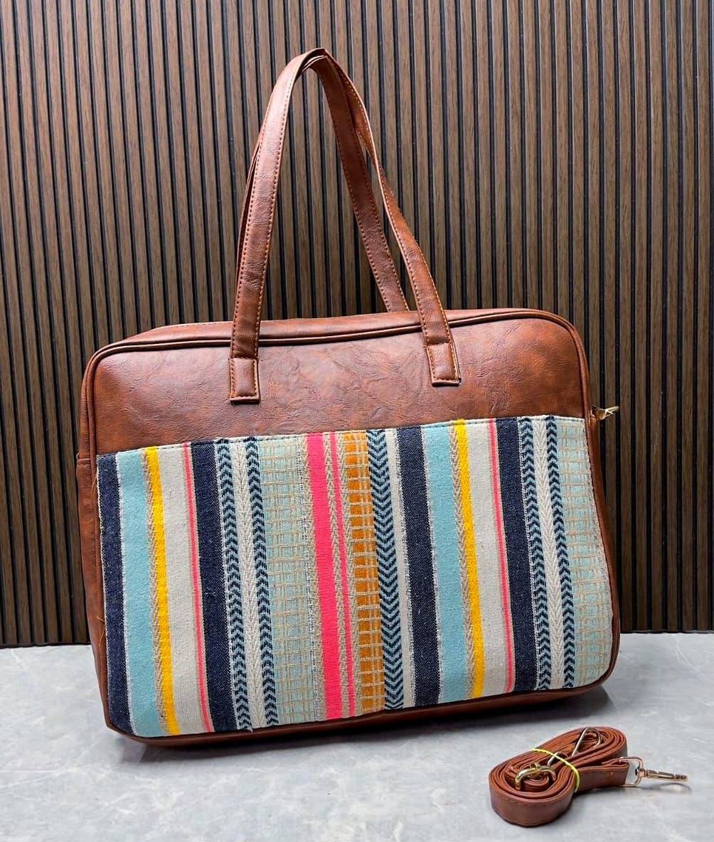 Multi Colour Jacquard Luxe Laptop Bag with Brown Leatherite